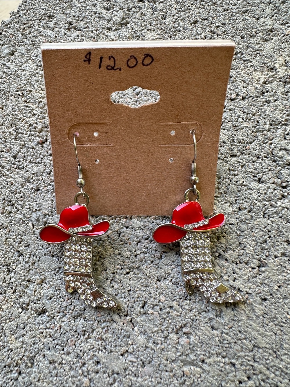 Red Cowboy Hat & Rhinestone Boot Dangle Earrings - Picture 2 of 6